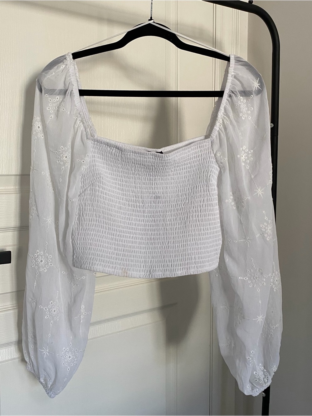 NWT Dynamite White Smocked Crop Top with Embroidered Puff Sleeves - Picture 1 of 5